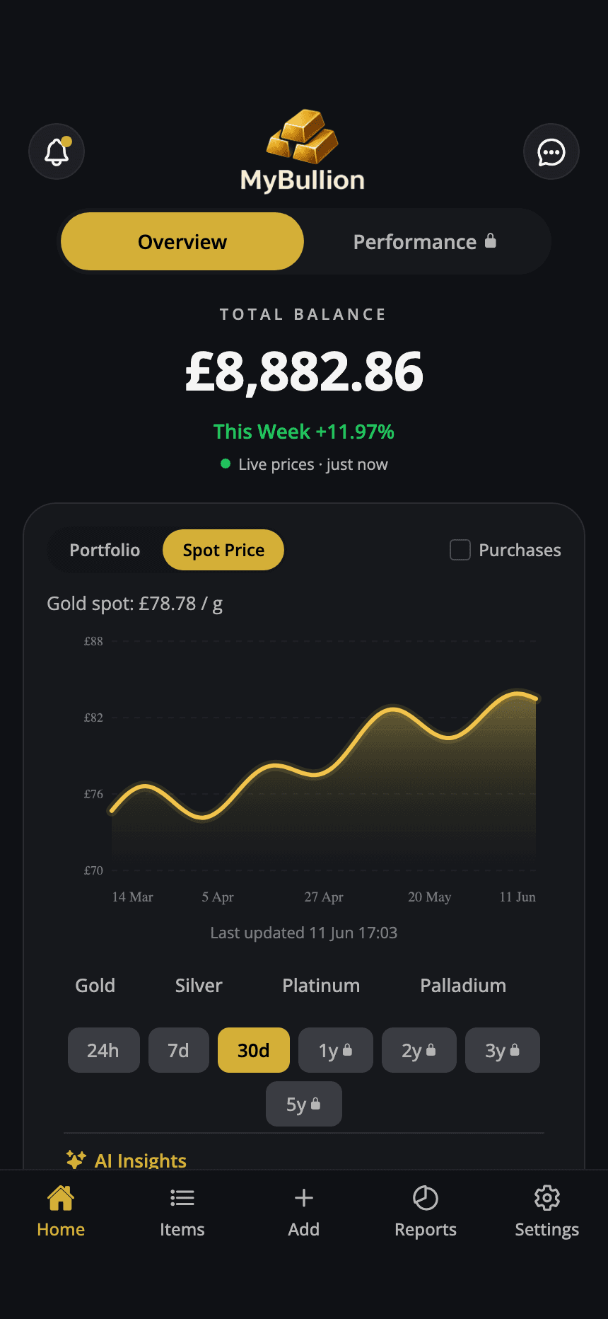 Actual MyBullion dashboard screen showing bullion records and holdings