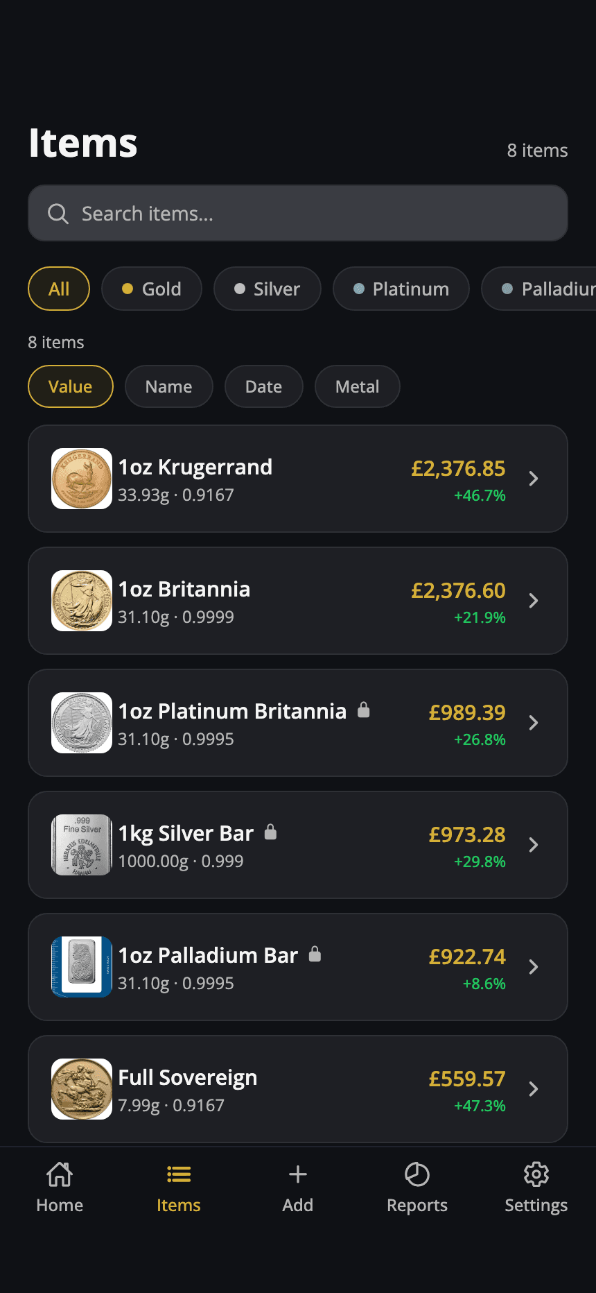 Actual MyBullion items screen showing precious metal holdings
